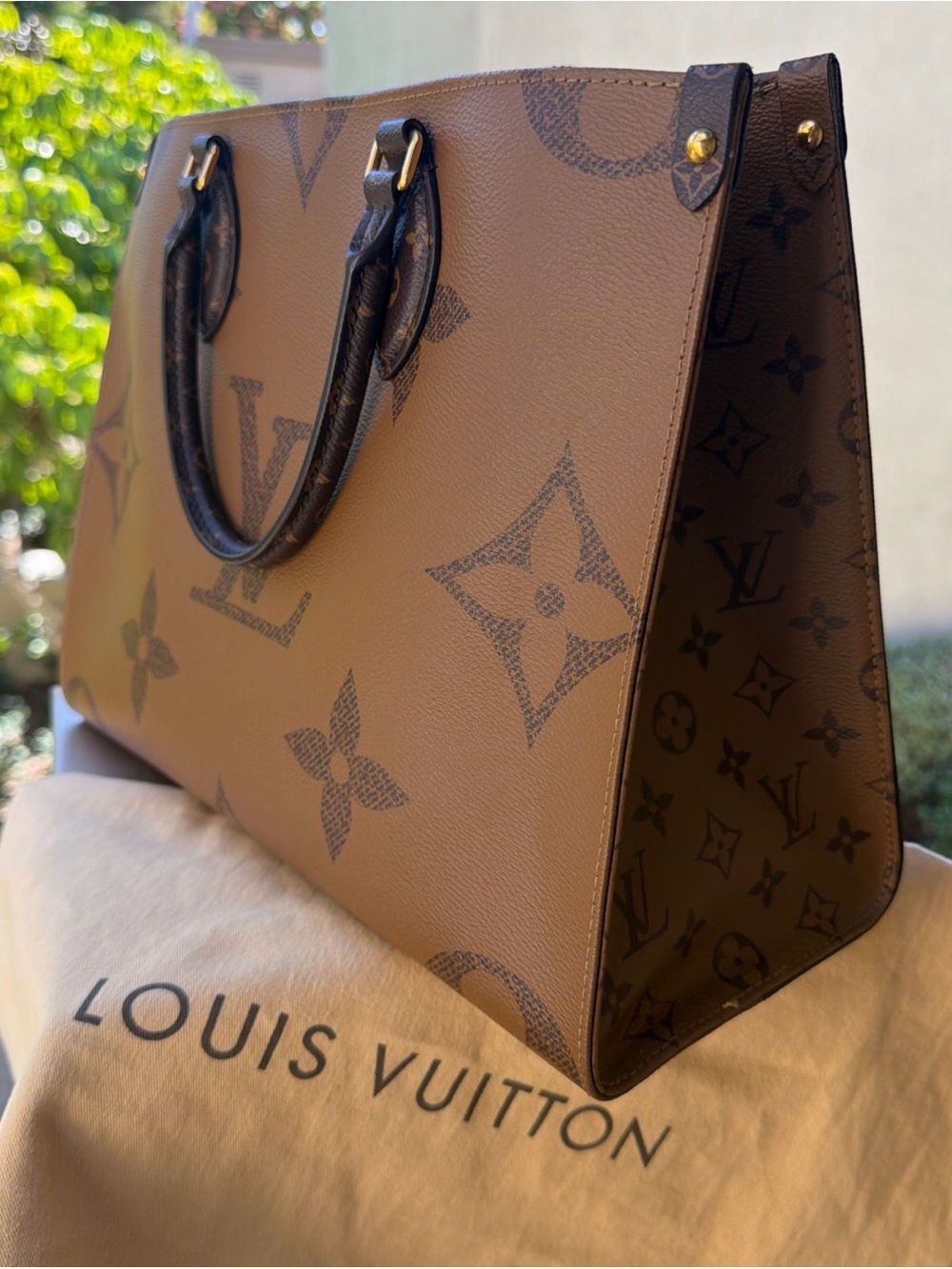 Authentic Louis Vuitton Tan/Brown Monogram Oversized Top-Handle Tote on the Go